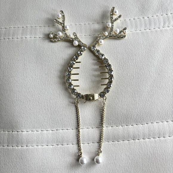 Reindeer Antler Holiday Hair Clip White Rhinestone Pearl Ponytail Bun Holder - Picture 2 of 4